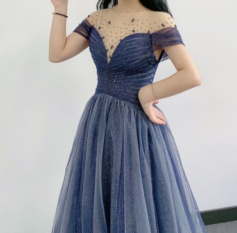 Elegant Dark Blue Off Shoulder A-line  With Lace Sequins Illusion Long Prom Dresses,WGP403