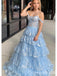 Elegant Blue Off Shoulder A-line Sequins Ruffles Side Slit Lace Up Back Long Prom Dresses,WGP411