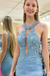 Sexy Light Blue Appliques Mermaid Open Back A-line Evening Gown Long Prom Dresses ,WGP689