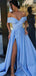 Sexy Blue A-Line Off Shoulder High Slit Long Evening Gown Prom Dresses,WGP566