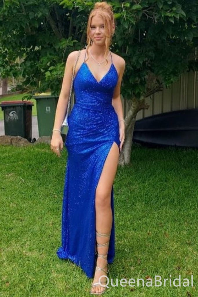 Shiny Blue Mermaid V Neck Party Dress Long Prom Dresses to Impress ,WGP1511