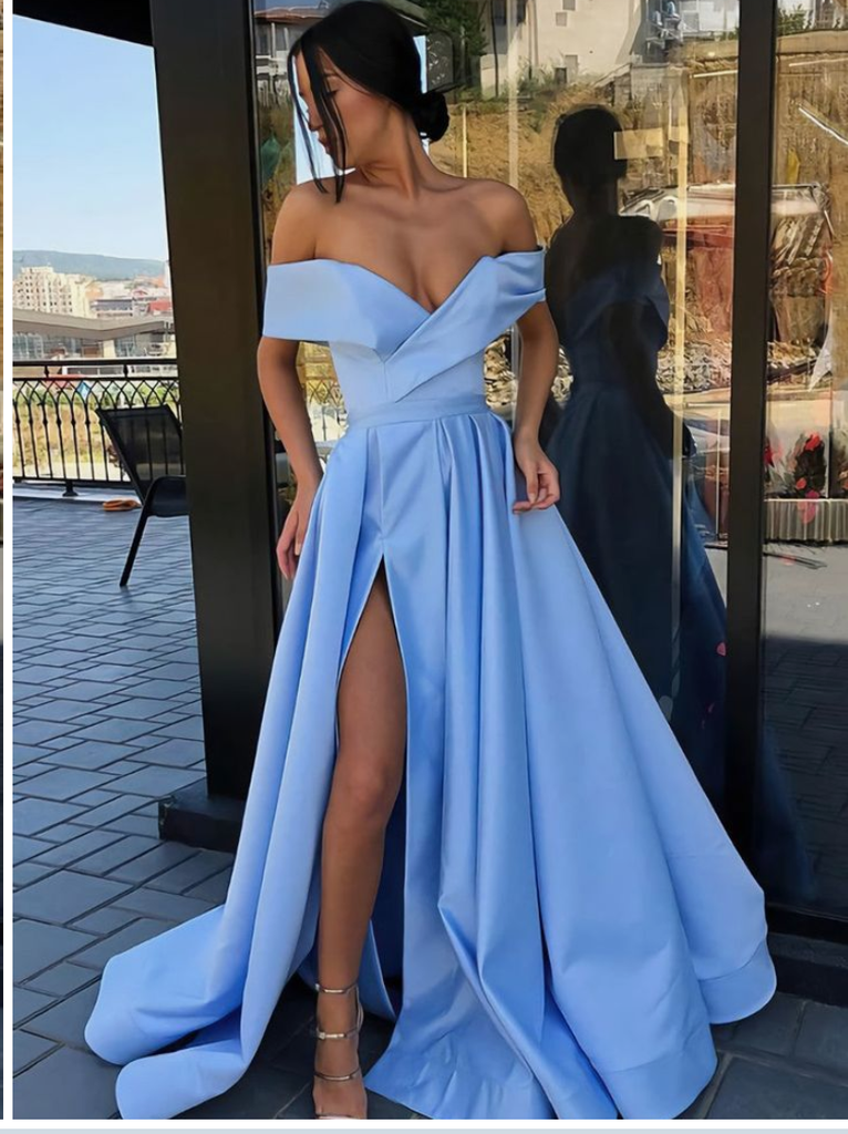 Sexy Blue A-Line Off Shoulder High Slit Long Evening Gown Prom Dresses,WGP566