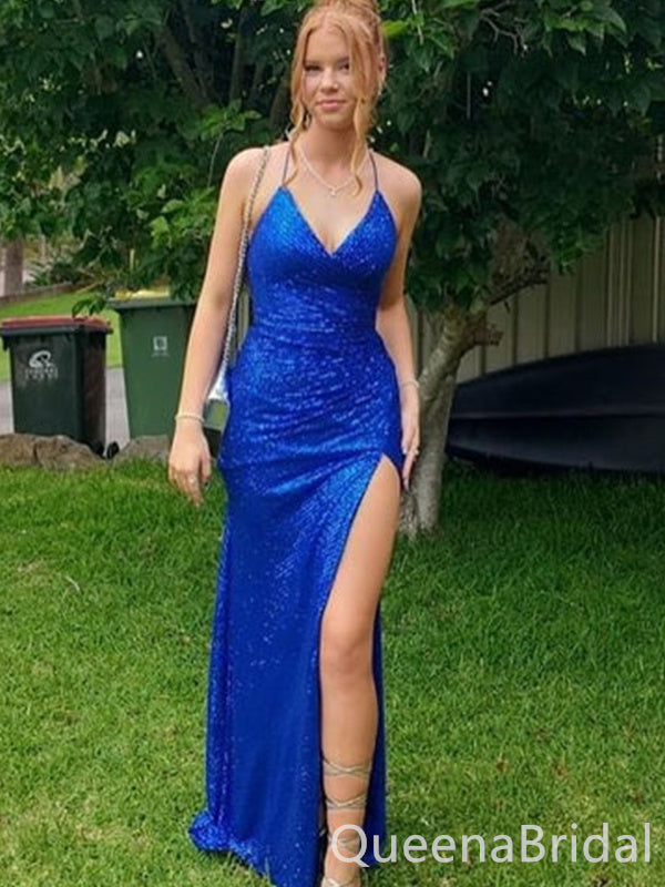 Shiny Blue Mermaid V Neck Party Dress Long Prom Dresses to Impress ,WGP1511