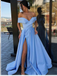 Sexy Blue A-Line Off Shoulder High Slit Long Evening Gown Prom Dresses,WGP566