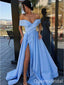 Sexy Blue A-Line Off Shoulder High Slit Long Evening Gown Prom Dresses,WGP566