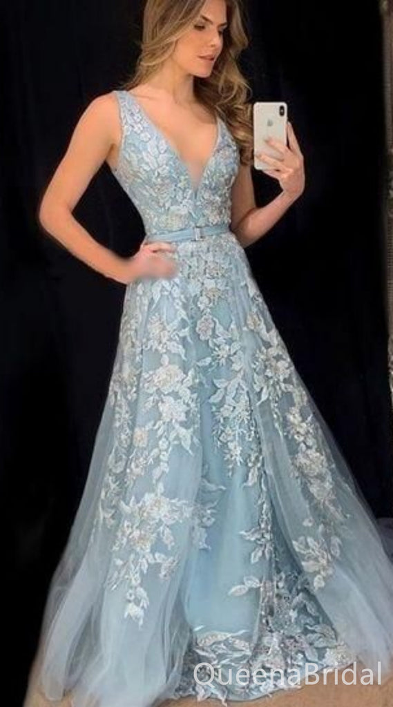 Light Blue Lace Appliques Plunging A-line Prom Dresses to Impress ,WGP1307