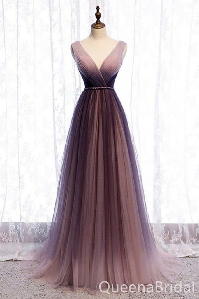 Stylish Purple and Pink V Neck A-line Party Dress Long Prom Dresses to Impress ,WGP1597