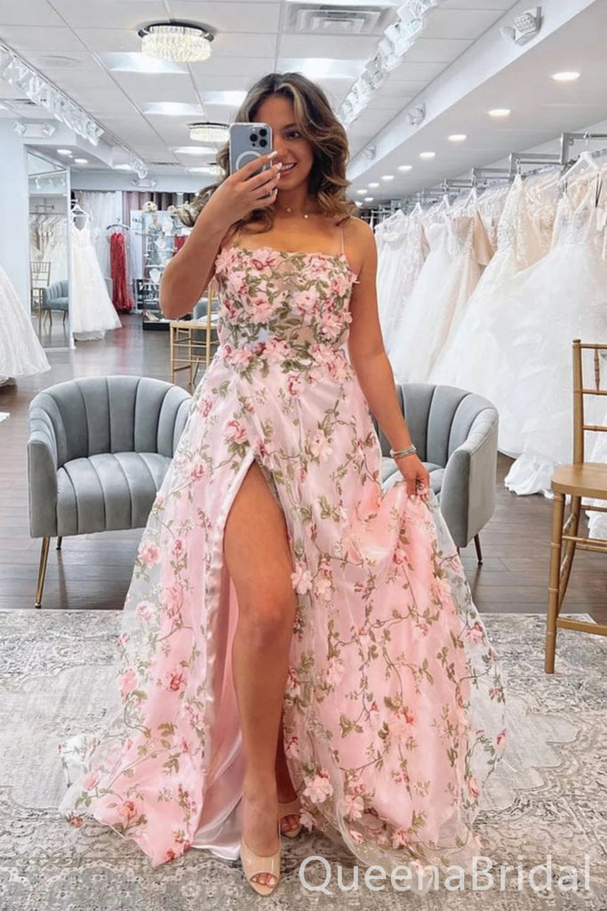 Pink Spaghetti Straps Flower Embroidery A-line Prom Dresses to Impress ,WGP1309