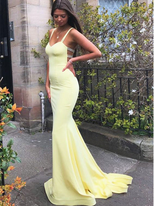 Elegant Yellow Spaghetti Straps Beading Mermaid Long Evening Prom Dresses,WGP507