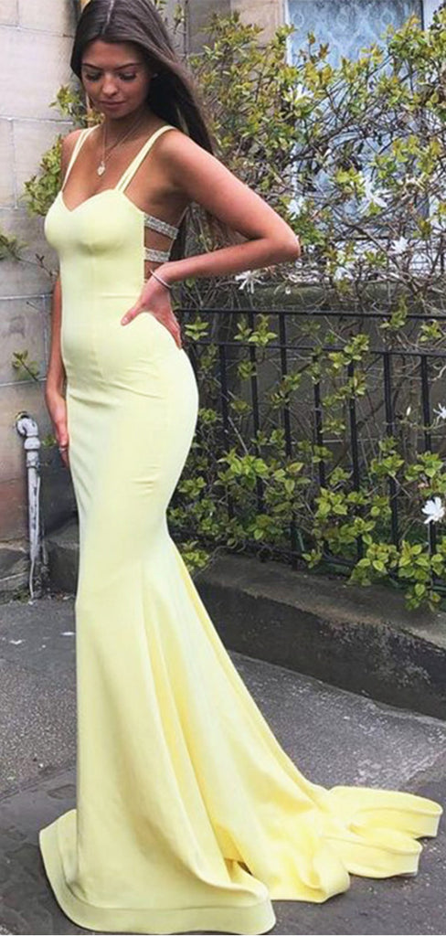 Elegant Yellow Spaghetti Straps Beading Mermaid Long Evening Prom Dresses,WGP507