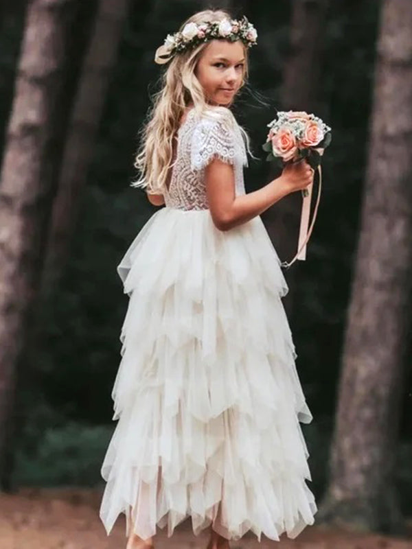 Elegant White Tulle Lace Appliques A-Line Cheap Simple Long Flower Girl Dresses, FGS0041