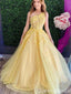 Sexy One Shoulder Yellow A-line Floral Tulle Lace Appliques Evening Gown Long Prom Dresses,WGP697