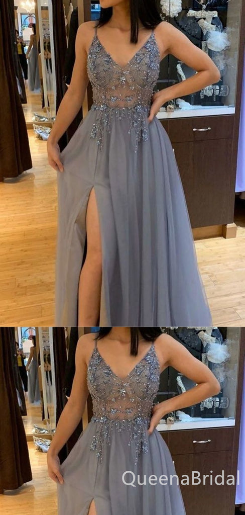 Sexy Elegant Side Slit A-line Appliques Beading Evening Gown Long Prom Dresses ,WGP682