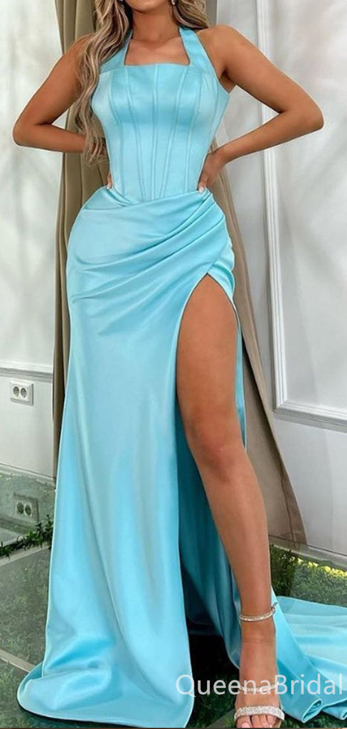 Sexy High Slit Sheath Blue Evening Gown Long Prom Dresses ,WGP618