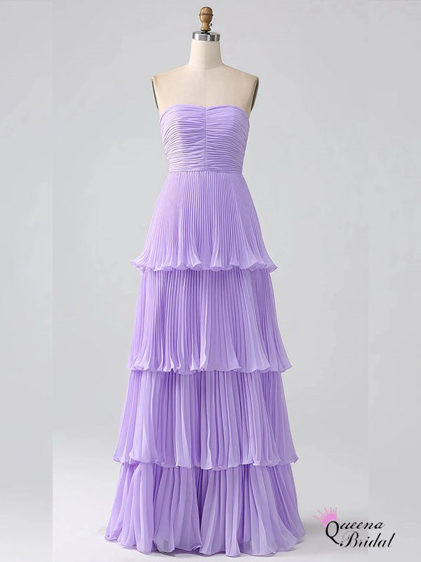 Elegant Strapless Lilac Tiered A-line Long Party Dress Prom Dresses ,WGP1784