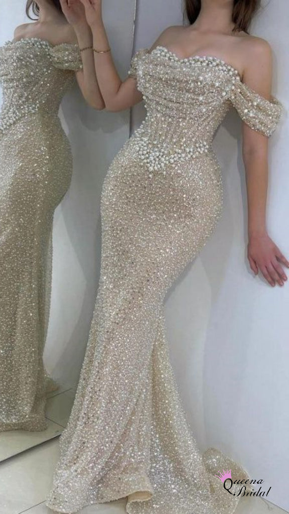 Gorgeous Champagne Off Shoulder Beaded Mermaid Long Party Dress Prom Dresses ,WGP1785