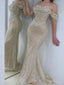 Gorgeous Champagne Off Shoulder Beaded Mermaid Long Party Dress Prom Dresses ,WGP1785