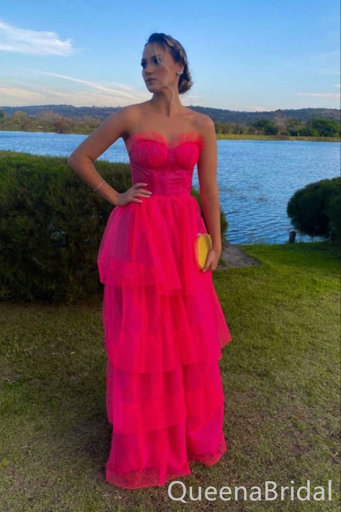 Hot Pink Strapless Tiered Fluffy A-line Prom Dresses to Impress ,WGP1314