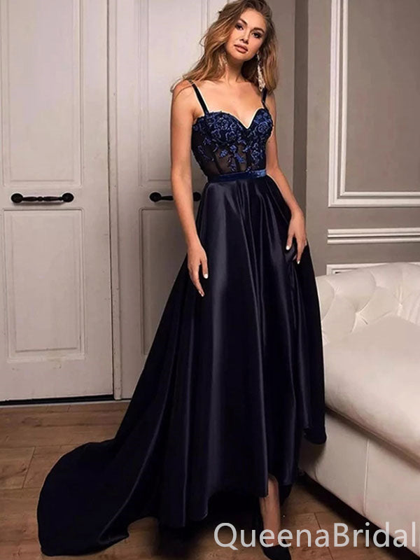 Elegant Navy Blue Lace Appliques Sweetheart A-line Long Party Dress Prom Dresses ,WGP1787