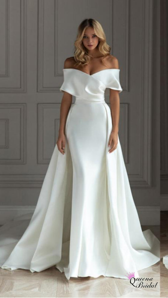 Gorgeous White Sweetheart Off the Shoulder Mermaid Simple Wedding Dresses with Trailing,WGP1329