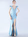 Gorgeous Light Blue V Neck Mermaid Side Slit Long Party Dress Prom Dresses ,WGP1788