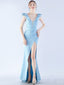 Gorgeous Light Blue V Neck Mermaid Side Slit Long Party Dress Prom Dresses ,WGP1788