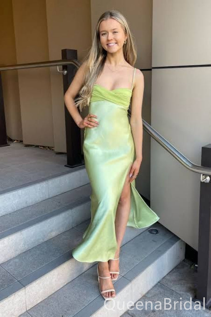 Green Spaghetti Straps Prom Dresses to Impress with Slit ,WGP1317