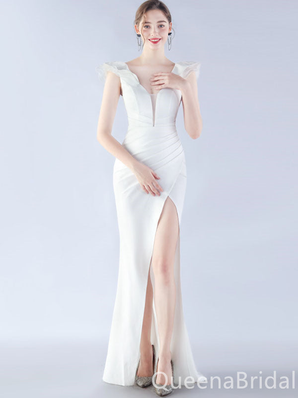 Gorgeous White V Neck Mermaid Side Slit Long Party Dress Prom Dresses ,WGP1790