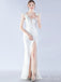 Gorgeous White V Neck Mermaid Side Slit Long Party Dress Prom Dresses ,WGP1790