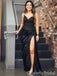 Sexy Black Spaghetti Strap Side Slit V-Neck Mermaid Long Prom Dresses,WGP424