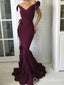 Sexy Burgundy Off-the-shoulder Mermaid V-neck Mermaid Evening Gown Long Formal Dresses Prom Dresses  , WGP755