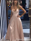 Sexy Elegant Light Pink Lace Up Back Plunging A-line Evening Gown Maxi Long Formal Dresses Prom Dresses,WGP889