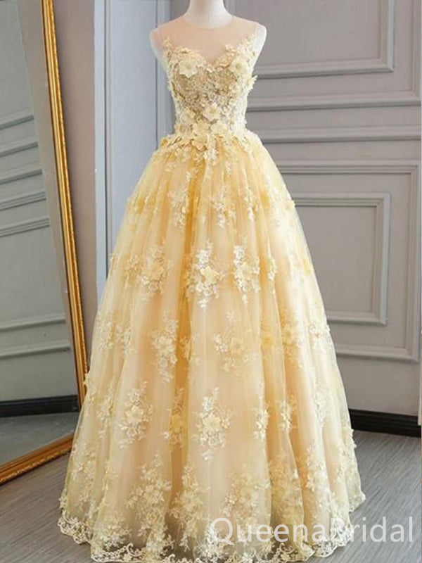 Enchanting Elegant Yellow A-line Lace Floral Appliques Tulle Evening Gown Long Prom Dresses with Pleats,WGP738