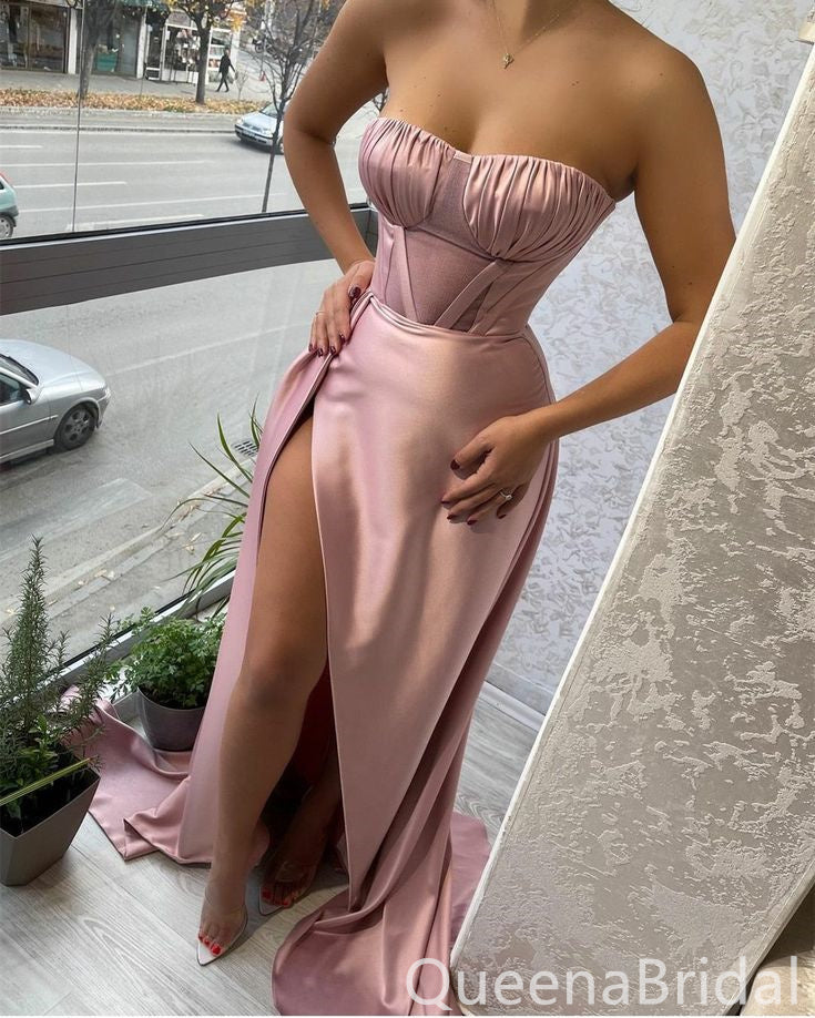 Sexy Strapless High Slit Evening Gown Long Prom Dresses with Pleats,WGP669