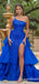 One Shoulder Beading Blue High Slit  Ruffles Evening Gown Long Prom Dresses ,WGP619