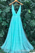 Elegant Blue V Neck A-line Party Dress Long Prom Dresses to Impress ,WGP1612