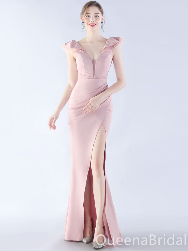 Gorgeous Light Pink V Neck Mermaid Side Slit Long Party Dress Prom Dresses ,WGP1794