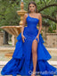 One Shoulder Beading Blue High Slit  Ruffles Evening Gown Long Prom Dresses ,WGP619