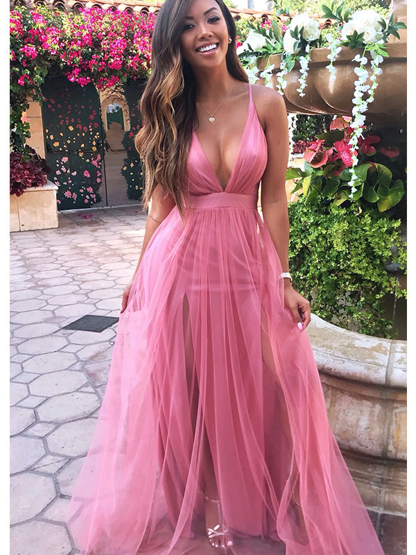 Sexy Pink V Neck Spaghetti Straps Strapless V Neck A-Line Long Evening Prom Dresses,WGP497