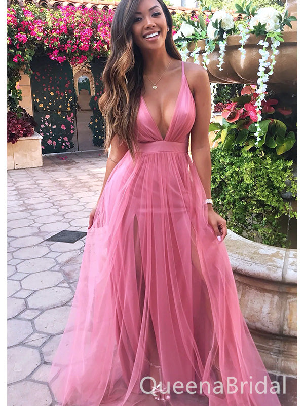 Sexy Pink V Neck Spaghetti Straps Strapless V Neck A-Line Long Evening Prom Dresses,WGP497