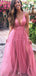 Sexy Pink V Neck Spaghetti Straps Strapless V Neck A-Line Long Evening Prom Dresses,WGP497