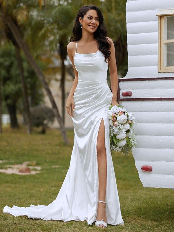 Elegant White Strapless Simple Spaghetti Strap Side Slit Evening Prom Dresses,WGP478