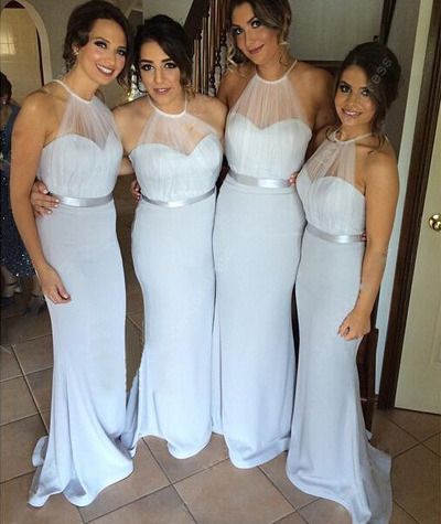 Elegant White Halter V Neck Simple Cheap Mermaid Long Bridesmaid Dresses, BDS0210