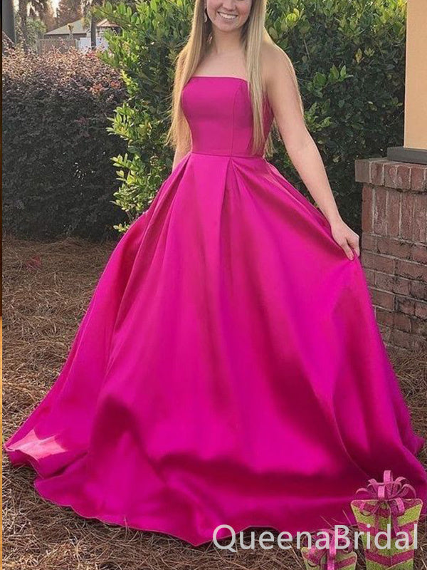 Sexy Simple Elegant Strapless Straight Neck A-line Evening Gown Long Prom Dresses ,WGP683