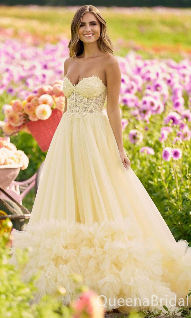 Elegant Yellow Lace Appliques Tulle Strapless Ruffles Evening Gown Long Prom Dresses ,WGP620