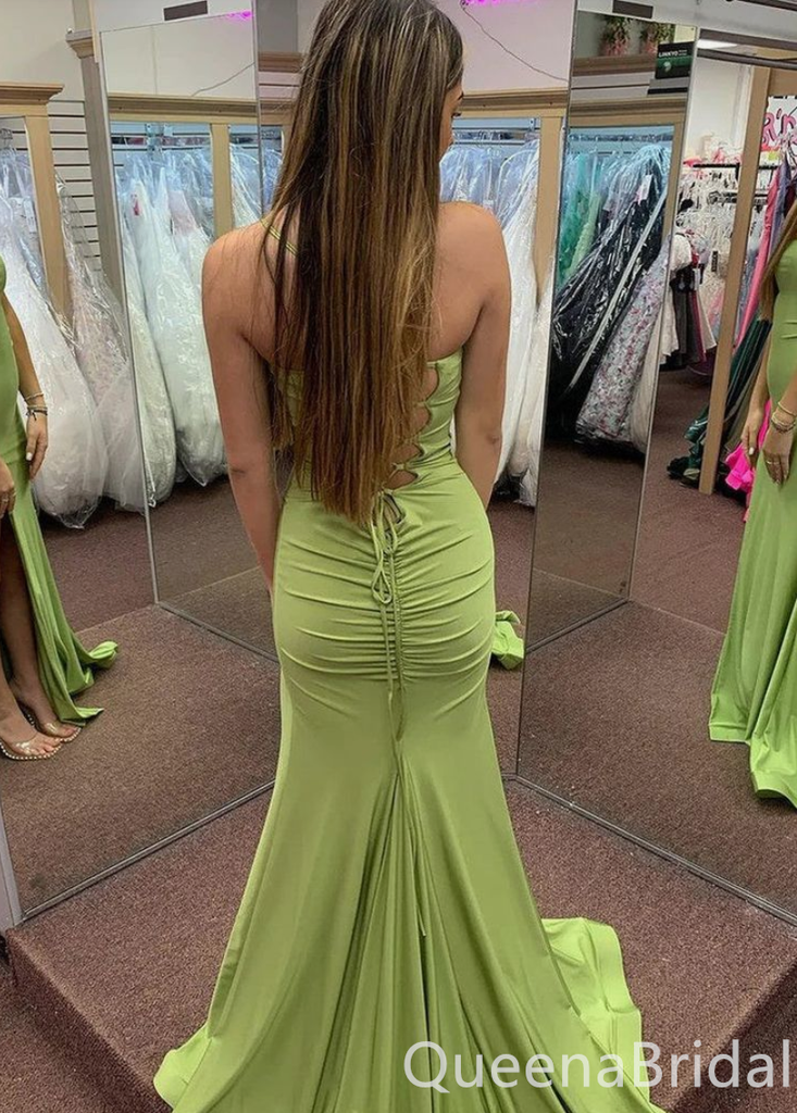 Sexy Green Mermaid Spaghetti Straps Lace Up Back Evening Gown Maxi Long Formal Dresses Prom Dresses with High Slit ,WGP871