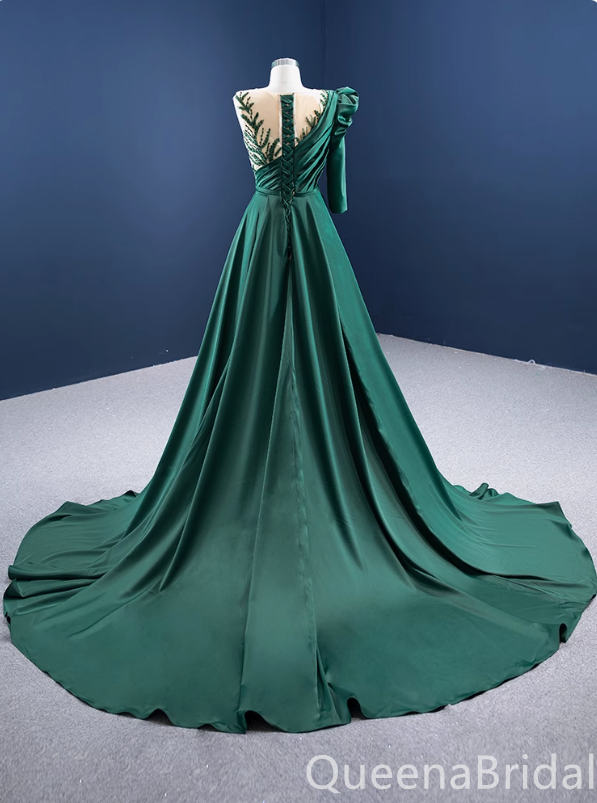 Gorgeous Green Single Long Sleeve Illusion A-line Lace up Back Party Dress Long Prom Dresses to Impress ,WGP1702