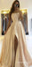 Sexy Champagne Simple Elegant Spaghetti Straps Side Slit Straight Neck A-line Evening Gown Long Prom Dresses ,WGP684