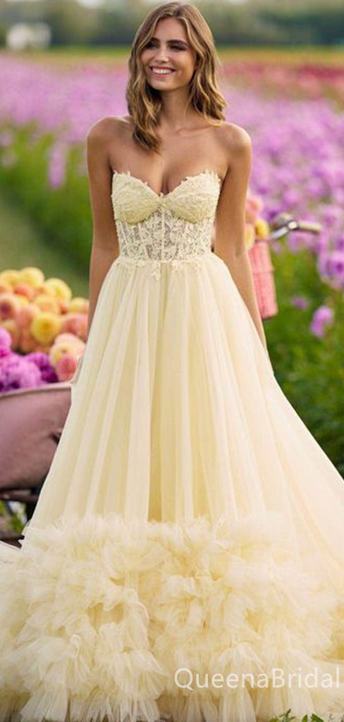 Elegant Yellow Lace Appliques Tulle Strapless Ruffles Evening Gown Long Prom Dresses ,WGP620