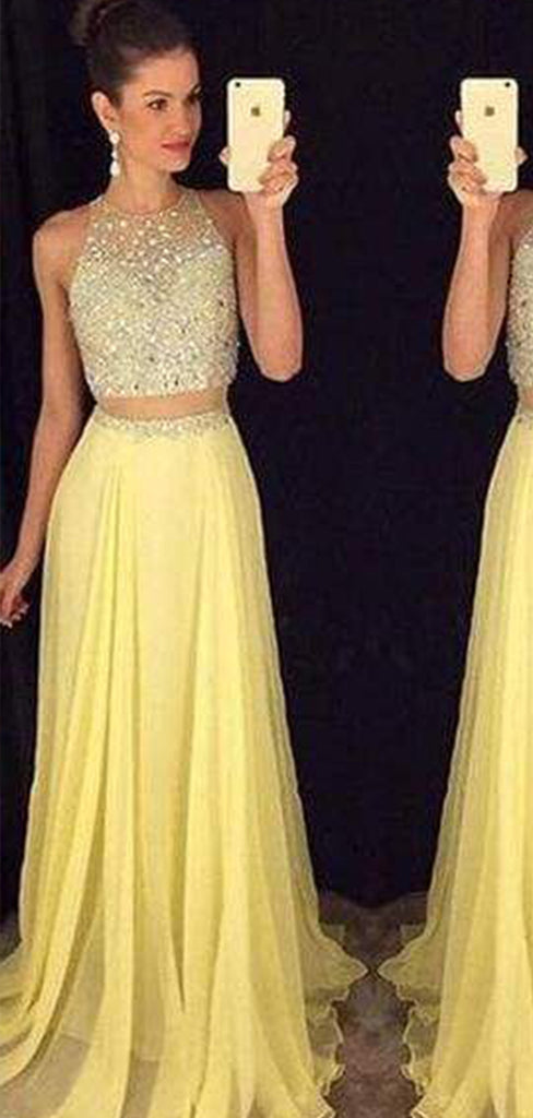 Gorgeous Elegant Two Pieces Beading Lace Appliques Tulle Floor Length A-line Evening Gown Prom Dresses,WGP597